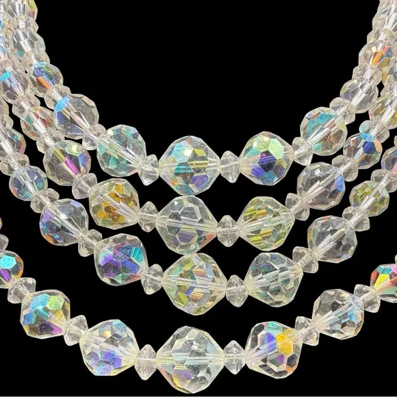 Vintage MCM Crystal Aurora Borealis Triple-Strand Necklace Rhinestone neck - Picture 3 of 9
